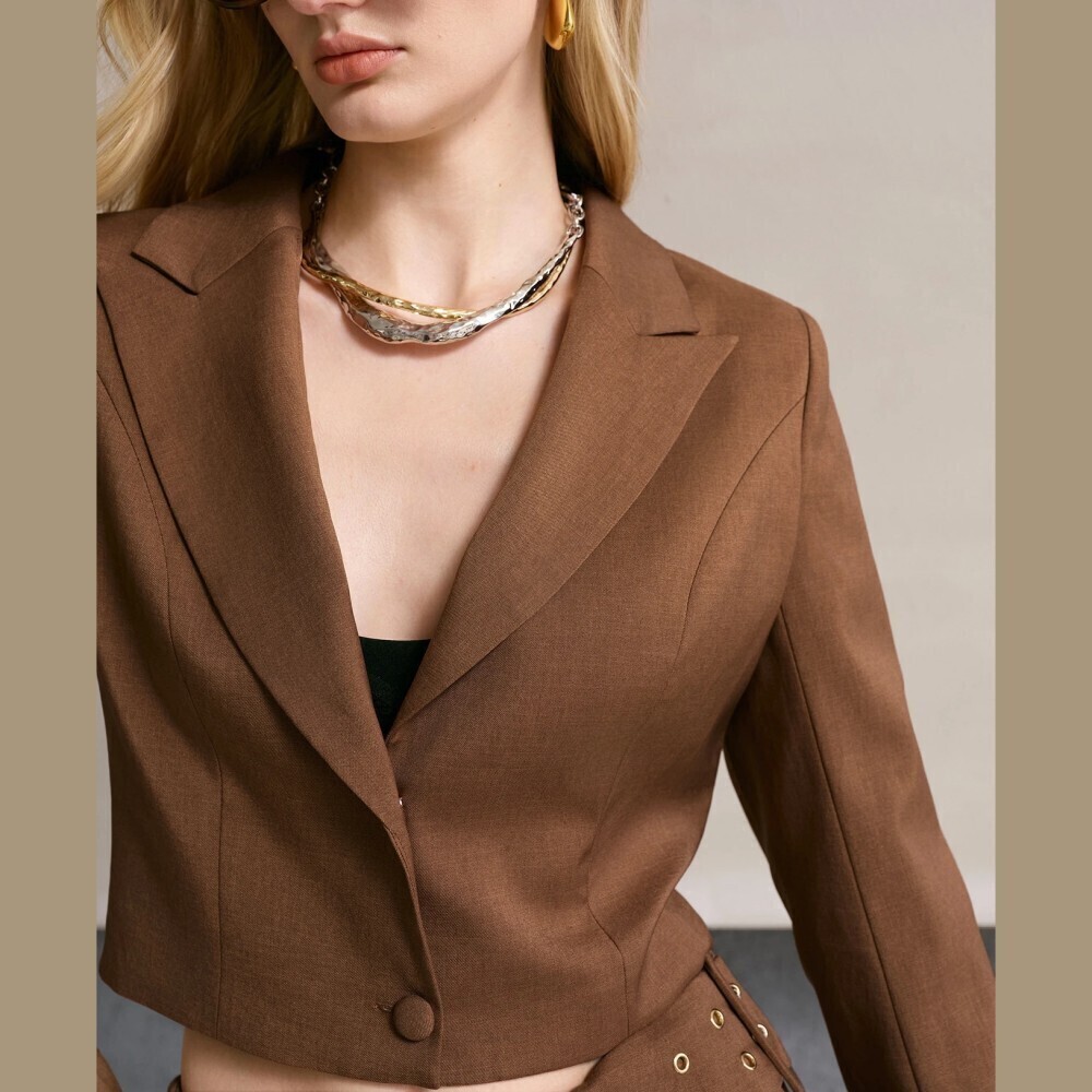Brown Notched Lapel Single Button Fitted Cropped Blazer